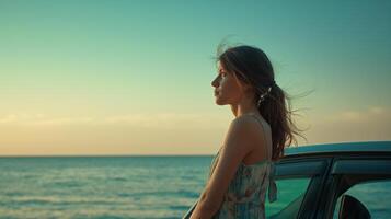 A traveler woman leaning against a vehicle with ocean on the background photo