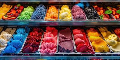 showcase of a summer cafe, stalls with various fruit and berry ice cream photo