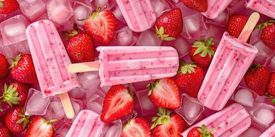 horizontal summer banner, bright red strawberry ice cream on a stick, fresh strawberries, ice cubes, poster for an ice cream shop photo