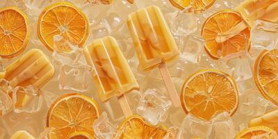 horizontal summer banner, bright orange ice cream on a stick, slices of fresh orange, scattered on ice cubes photo