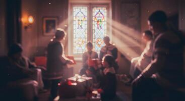 A group of people sitting around a table in front of a stained glass window photo