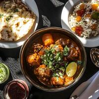 A table topped with bowls of food and plates of food photo