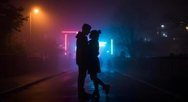 A couple standing in the rain at night with neon lights photo