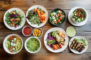 A table with many plates of food on it photo