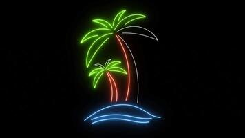 Neon Palm Tree Animation. Glowing Tropical Island with Palm Trees and Ocean Waves on Black Background. Summer Holiday Night Sign. Retro Beach Light Design. Travel and Vacation Symbol Loop. video