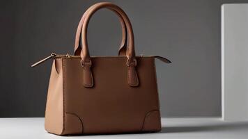 Elegant brown leather handbag on minimalist display for fashion and style photo