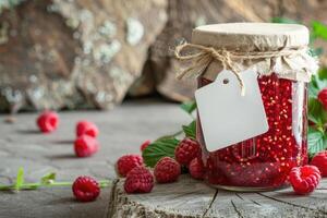 Raspberry Jam in Glass Jar on Rustic Wooden Background photo
