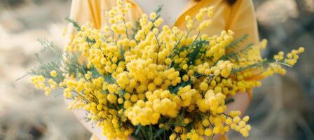 Gentle hands envelop a bright bouquet of mimosa photo