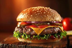 Fresh Gourmet Cheeseburger with Lettuce, Tomato, Onion, and Pickles on a Bun photo