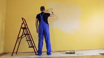 Man in blue overalls painting wall with a roller. Worker decorating room with a new color. Painting services. Rear view. video