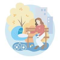 Mom with a baby stroller on a walk in an autumn park vector