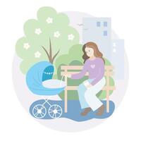 Mom with a baby stroller on a walk in an spring park vector