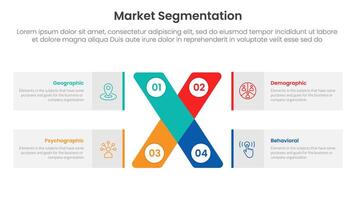 market segmentation framework analysis infographic 4 point stage template with x cross shape and rectangle box for slide presentation vector