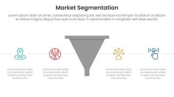 market segmentation framework analysis infographic 4 point stage template with funnel shape with horizontal point description for slide presentation vector