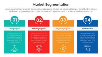 market segmentation framework analysis infographic 4 point stage template with box table with header badge and circle for slide presentation vector