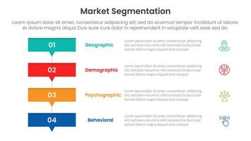 market segmentation framework analysis infographic 4 point stage template with rectangle box stack with small arrow bottom for slide presentation vector