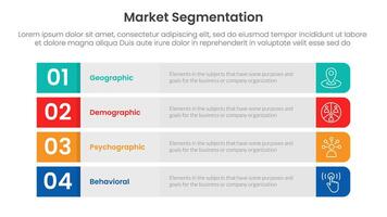 market segmentation framework analysis infographic 4 point stage template with long round rectangle box vertical structure for slide presentation vector