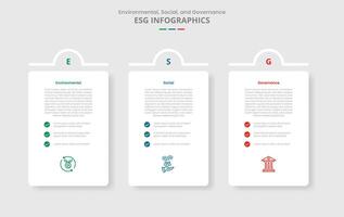 ESG sustainability concept for infographic with drop shadow style with vertical box with half circle top badge with 3 point list information vector
