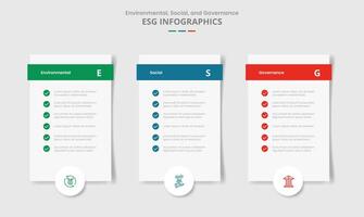 ESG sustainability concept for infographic with drop shadow style with vertical box with checklist and circle badge bottom with 3 point list information vector
