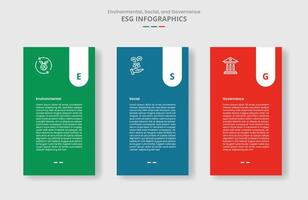 ESG sustainability concept for infographic with drop shadow style with vertical box with round badge on top with 3 point list information vector