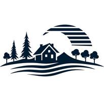 A house and trees in the forest with the sun in the background vector