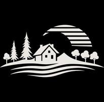 A house and trees in the forest with a moon in the background vector