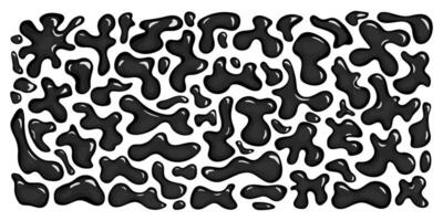 Black glossy liquid shapes, droplets. Bundle of monochrome y2k bubbles with light 3D effect. Dark background with psychedelic fluid blobs. Set of intense chrome amorphous blots vector