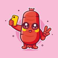 smiling sausage food character mascot taking a selfie with a smartphone isolated cartoon vector