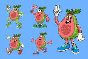 Set of Guava Fruit Cartoon Characters in Retro Vintage Style vector