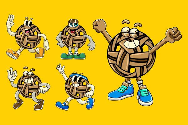 Set of Takraw Ball Sports mascot cartoon character in Vintage Style
