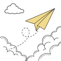 Yellow Paper Airplane Flying in the Sky with Clouds vector