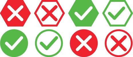 Green Check Mark and Red Cross Icons Set Illustration. vector