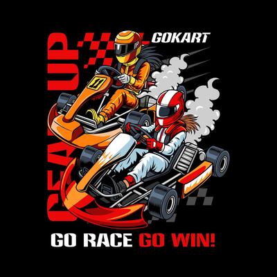 Two Go-Kart duel sports racing cartoon illustration for poster, t-shirt print, business element, social media content, blog, sticker, vlog, and card
