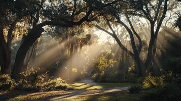 Sunbeams Illuminate A Tranquil Forest Path photo