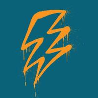 Orange graffiti lightning bolt on teal background with drips and spray splatter. vector