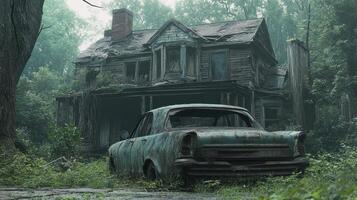 Overgrown House and Abandoned Car in a Forest photo