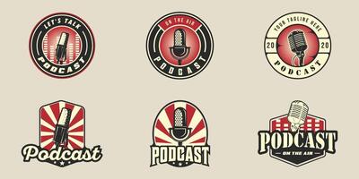 set of old microphone emblem logo vintage illustration template icon graphic design. bundle collection of various podcast station sign or symbol for broadcast or radio with retro circle badge vector