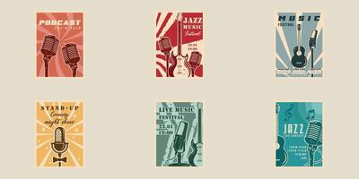 set microphone and guitar poster vintage minimalist illustration template graphic design. bundle collection of various entertainment banner invitation or inscription for text in retro style vector