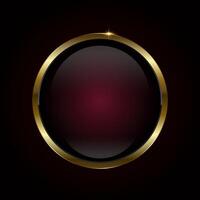 A Red luxury Circle button design on dark red background. Premium red circle button, element, web UI, symbol, and 3d round black glossy button with gold vector