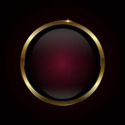 A Red luxury Circle button design on dark red background. Premium red circle button, element, web UI, symbol, and 3d round black glossy button with gold
