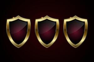 Groups of three buttons in luxury style majestic shield-shaped button featuring a deep maroon center and a dazzling gold border with a sparkling highlight, illustration vector