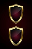 Two luxury red button and gold majestic shield-shaped button featuring a deep maroon center and two dazzling gold border with a sparkling highlight, illustration vector