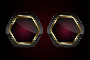 Group of two sleeks and hexagonal button with three glossy black center with a deep red gradient, bordered by a radiant gold trim. Luxury button vector