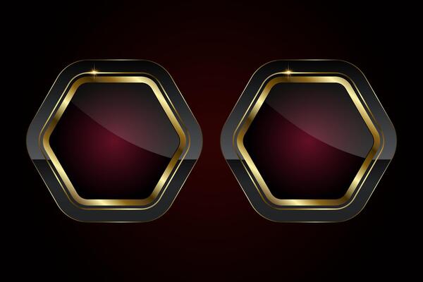 Group of two sleeks and hexagonal button with three glossy black center with a deep red gradient, bordered by a radiant gold trim. Luxury button