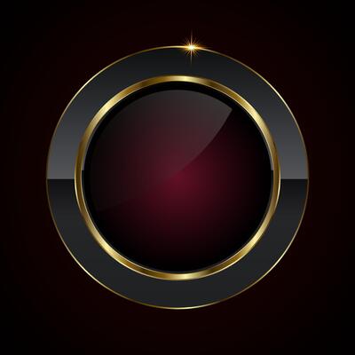 A luxury button in dark red color symbol and elegant style , a sleek black and gold circular button with a glossy maroon center and a sparkling highlight