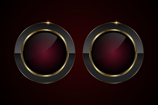 Group of two luxury button in dark red color symbol and elegant style , a sleek black and gold circular button with a glossy maroon center illustration