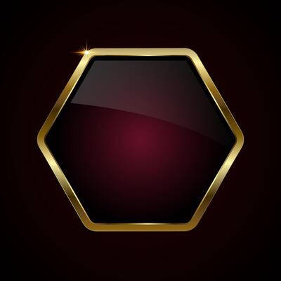 The premium gold hexagon button used for web UX, UI design. A Luxury Hexagon shape with gold stoked on dark red background