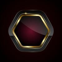 A sleek, hexagonal button featuring a glossy black center with a deep red gradient, bordered by a radiant gold trim. Luxury button in dark red gradient vector