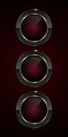 Set of two luxury buttons in dark red color symbols and three elegant buttons , a sleek black and gold circular button with a glossy maroon center illustration vector