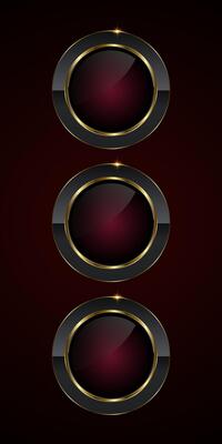 Set of two luxury buttons in dark red color symbols and three elegant buttons , a sleek black and gold circular button with a glossy maroon center illustration